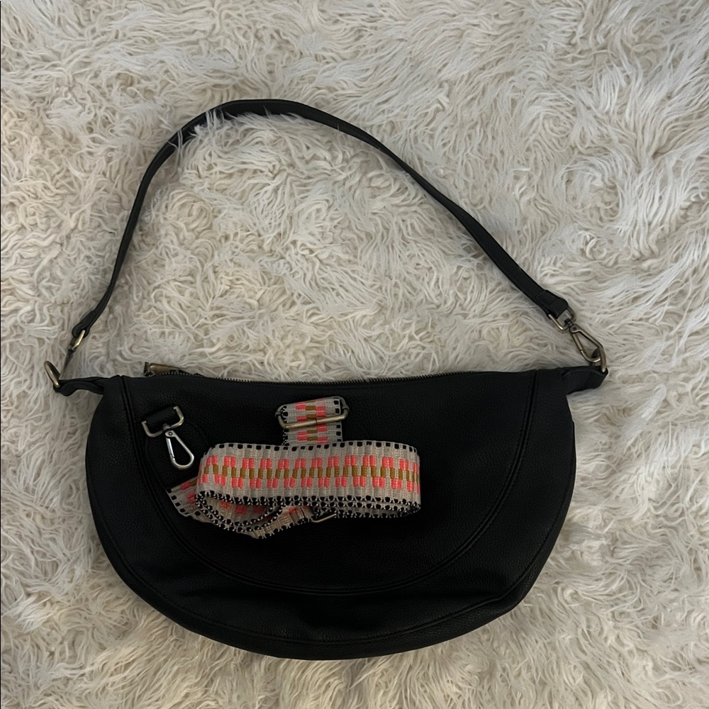 Anthropologie Black Shoulder Bag with Patterned Strap